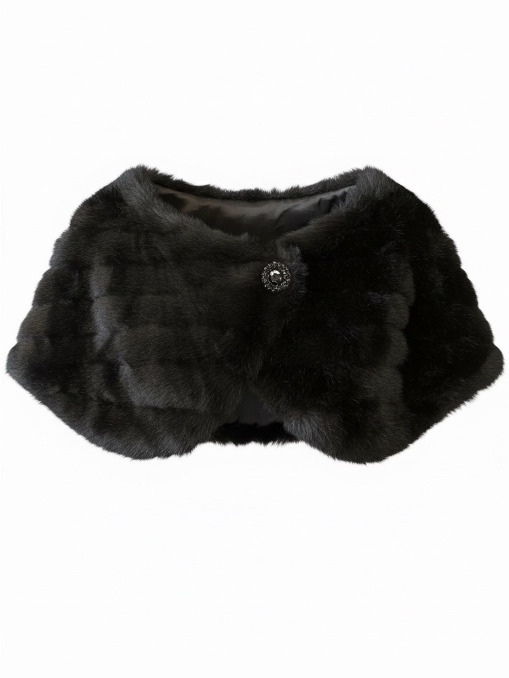 Tahari Black Faux Fur Capelet with Decorative Button